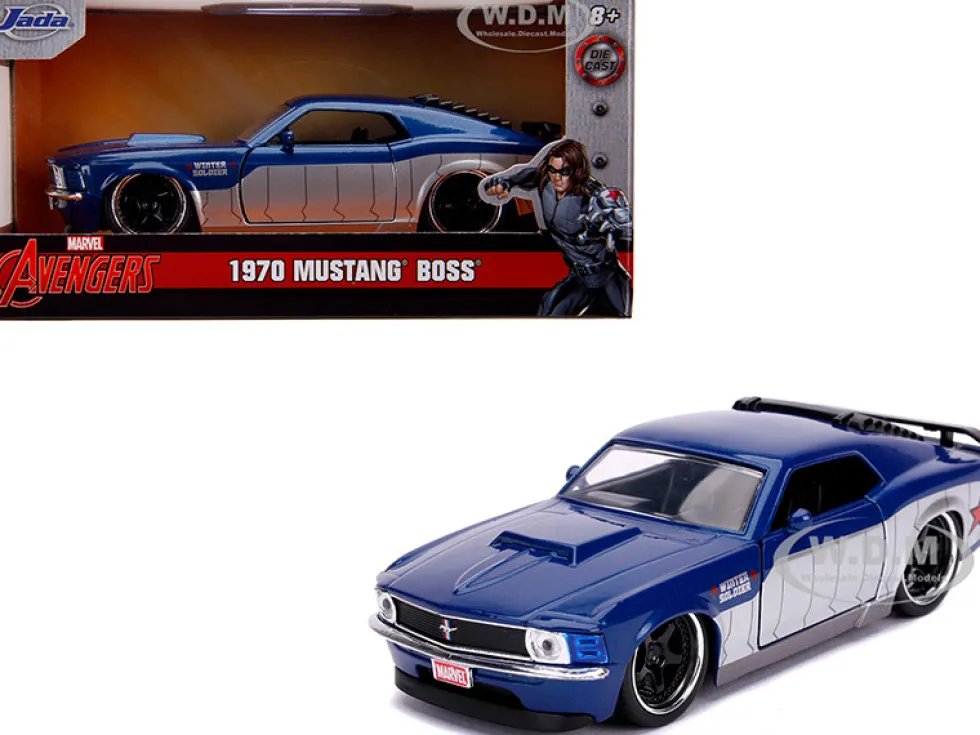 1970 Ford Mustang Boss Blue Metallic Silver Winter Soldier Avengers Marvel Series 1/32 Diecast Model Car Jada 31745
