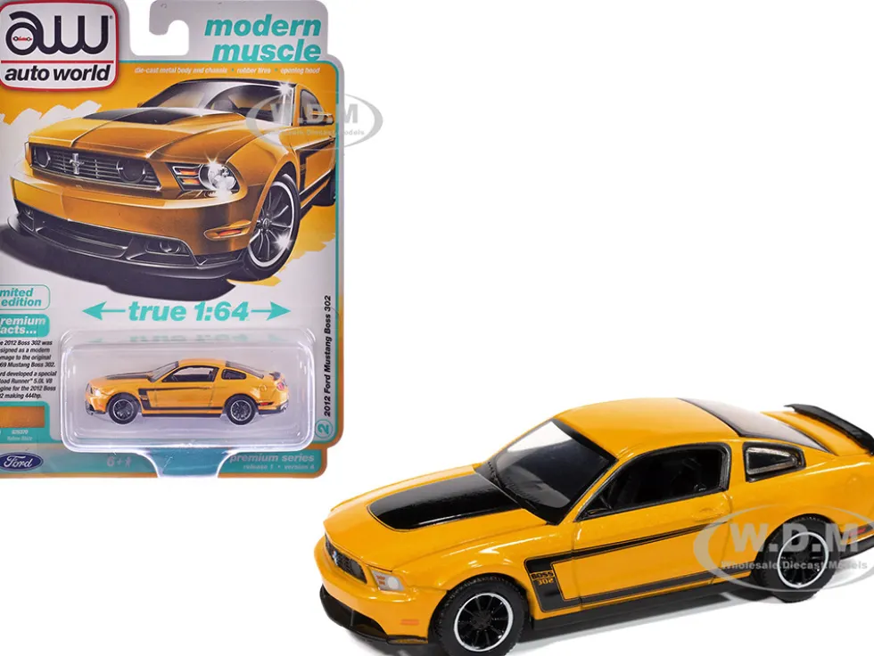 2012 Ford Mustang Boss 302 Yellow Blaze with Black Accents "Modern Muscle" Series 1/64 Diecast Model Car by Auto World