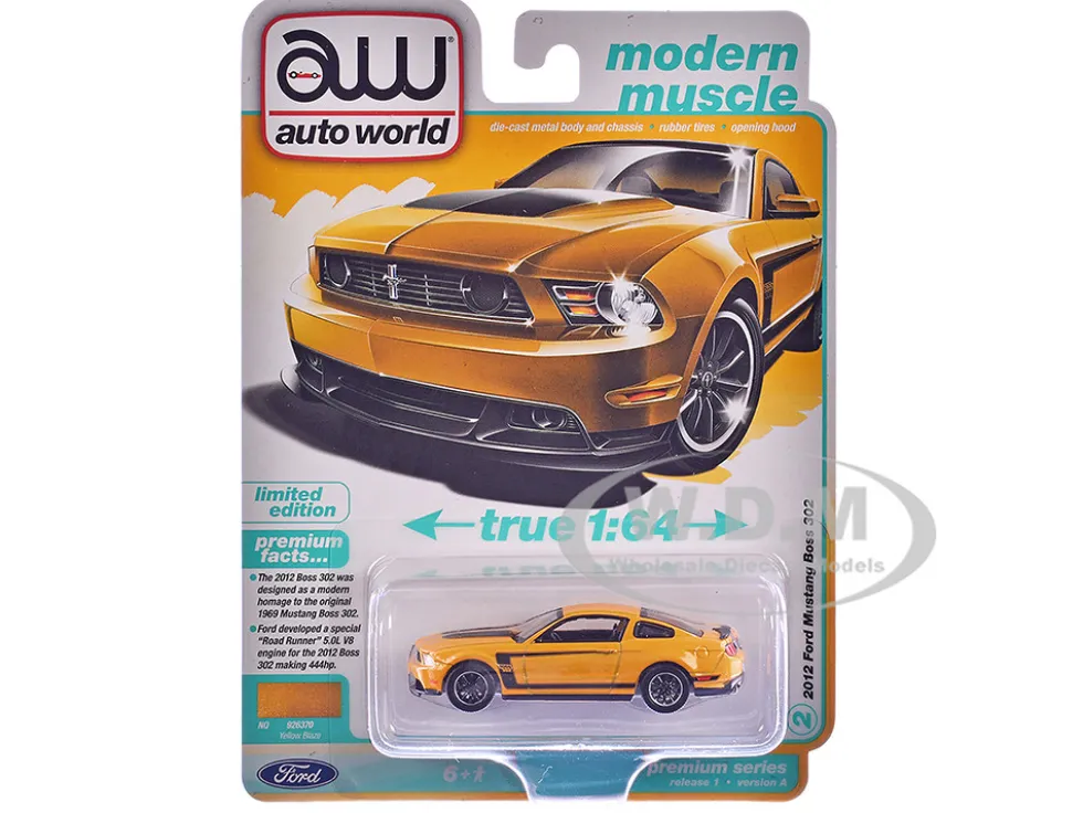 2012 Ford Mustang Boss 302 Yellow Blaze with Black Accents "Modern Muscle" Series 1/64 Diecast Model Car by Auto World