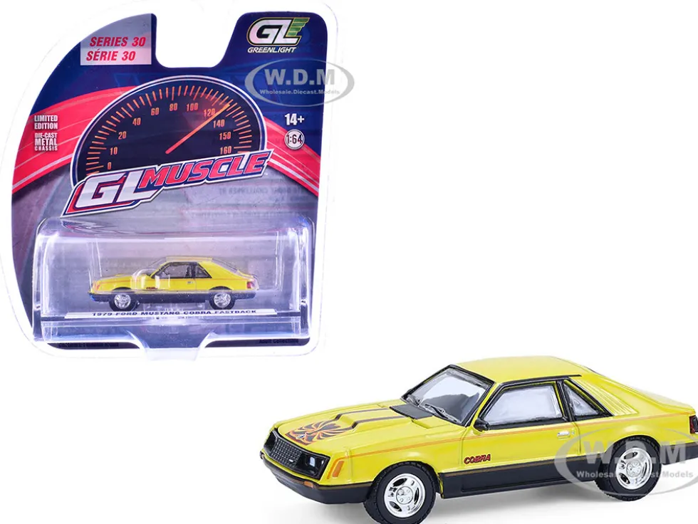 1979 Ford Mustang Cobra Fastback Bright Yellow with Cobra Good Graphics "GreenLight Muscle" Series 30 1/64 Diecast Model Car by Greenlight