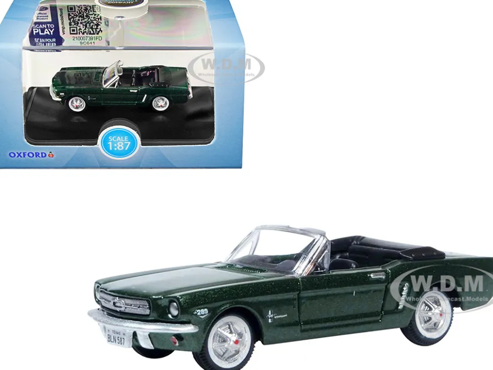 1965 Ford Mustang Convertible Ivy Green Metallic 1/87 HO Scale Diecast Model Car Oxford Diecast 87MU65006