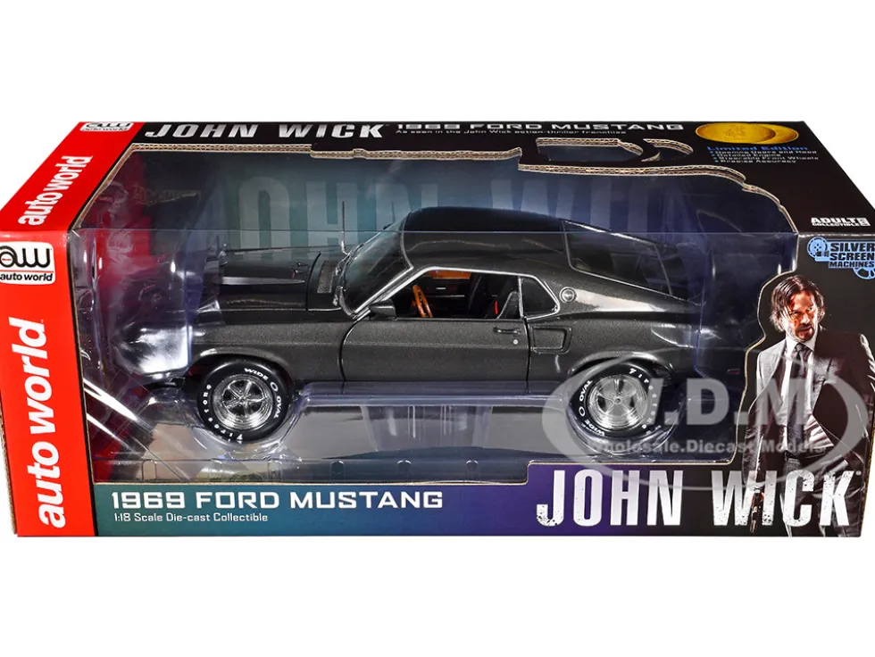1969 Ford Mustang Dark Gray Metallic with Black Stripes "John Wick" (2014) Movie "Silver Screen Machines" Series 1/18 Diecast Model Car by Auto World