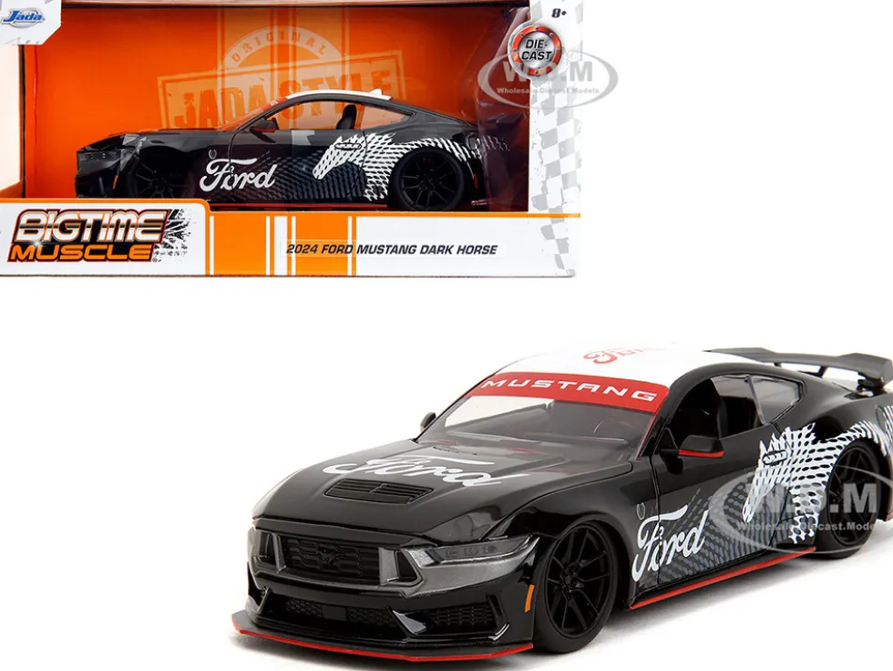 2024 Ford Mustang Dark Horse Black with White Top and "Mustang Horse Graphics" "Bigtime Muscle" Series 1/24 Diecast Model Car by Jada