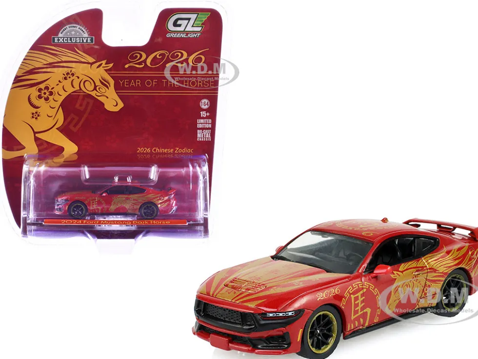 2024 Ford Mustang Dark Horse "Chinese Zodiac 2026 Year of the Horse" Red with Gold Graphics "Hobby Exclusive" Series 1/64 Diecast Model Car by Greenlight