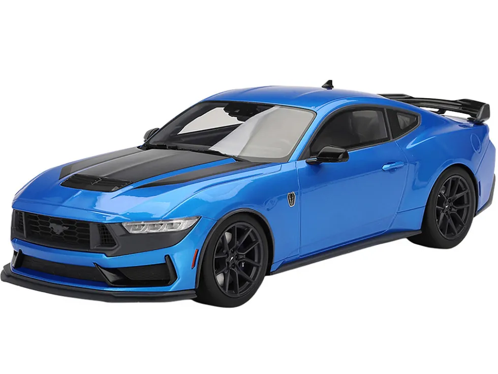 2024 Ford Mustang Dark Horse Grabber Blue Metallic with Black Hood Stripes 1/18 Model Car by Top Speed