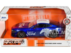 2024 Ford Mustang Dark House Candy Blue with White Top and Mustang Horse Graphics Bigtime Muscle Series 1/24 Diecast Model Car Jada 35419
