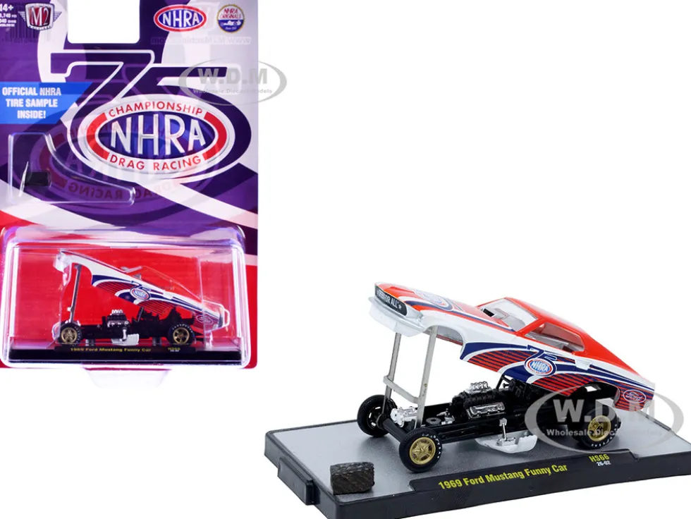 1969 Ford Mustang Funny Car "NHRA 75 Years" Red and White with Graphics Limited Edition to 3740 pieces Worldwide 1/64 Diecast Model Car by M2 Machines