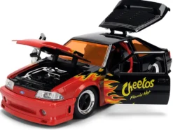1989 Ford Mustang GT Black with Red Flame Graphics and Chester Cheetah Diecast Figure "Cheetos Flamin' Hot" "Hollywood Rides" Series 1/24 Diecast Model Car by Jada