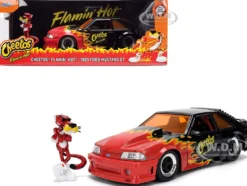 1989 Ford Mustang GT Black with Red Flame Graphics and Chester Cheetah Diecast Figure 