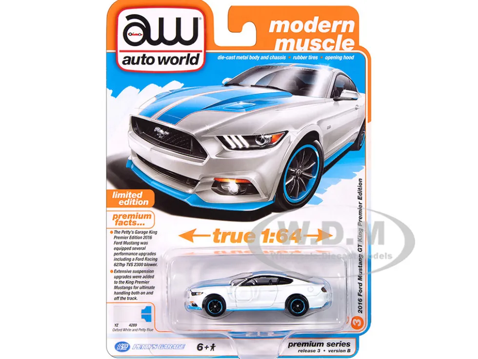 2016 Ford Mustang GT King Premier Edition "Petty's Garage" Oxford White with Petty Blue Stripes "Modern Muscle" Series 1/64 Diecast Model Car by Auto World