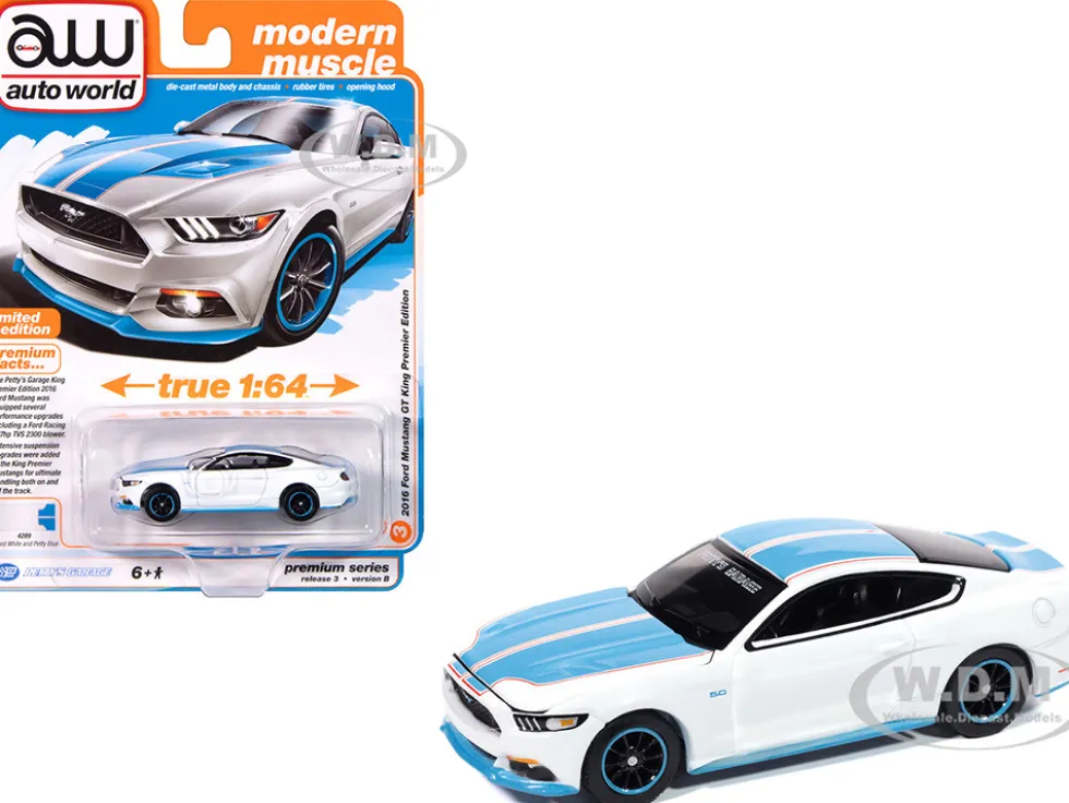 2016 Ford Mustang GT King Premier Edition "Petty's Garage" Oxford White with Petty Blue Stripes "Modern Muscle" Series 1/64 Diecast Model Car by Auto World