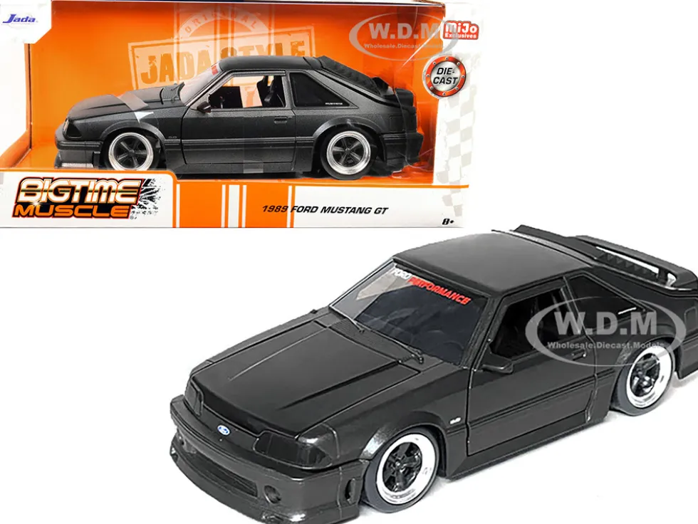 1989 Ford Mustang GT 5.0 Matt Black Metallic Matt Black Hood Bigtime Muscle Series 1/24 Series Diecast Model Car Jada 33605