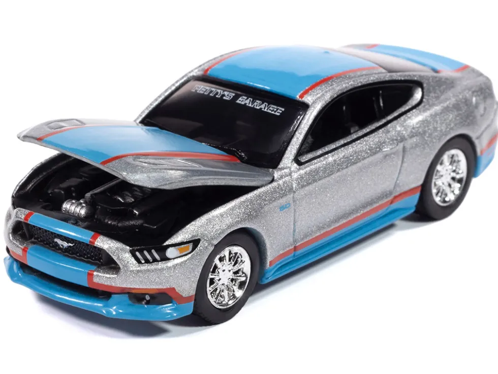 2017 Ford Mustang GT Tribute Edition "Petty's Garage" Ingot Silver Metallic with Petty Blue and Red Stripes "Modern Muscle" Series 1/64 Diecast Model Car by Auto World