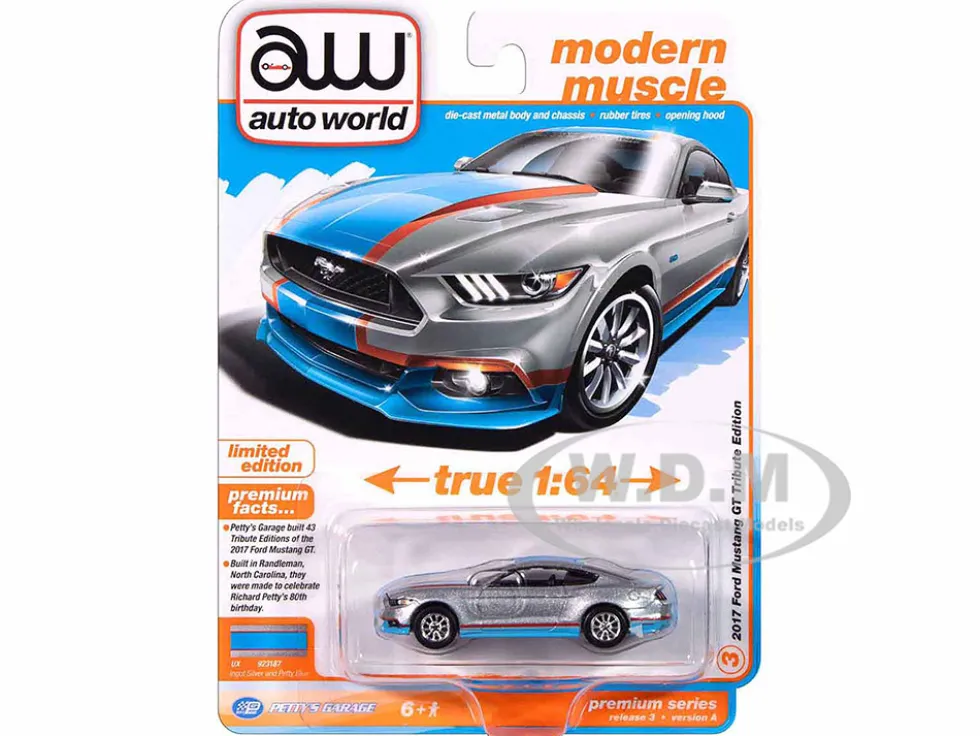 2017 Ford Mustang GT Tribute Edition "Petty's Garage" Ingot Silver Metallic with Petty Blue and Red Stripes "Modern Muscle" Series 1/64 Diecast Model Car by Auto World