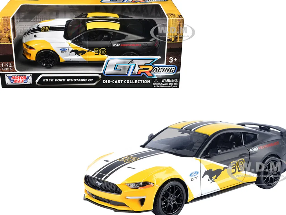 2018 Ford Mustang GT #38 White and Matt Black with Yellow Graphics "GT Racing" Series 1/24 Diecast Model Car by Motormax