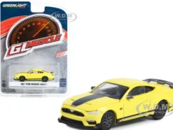 2021 Ford Mustang Mach 1 Grabber Yellow Black Stripes Greenlight Muscle Series 27 1/64 Diecast Model Car Greenlight 13320F