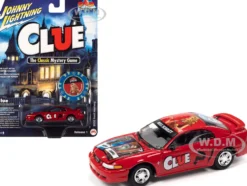 2000 Ford Mustang Miss Scarlet Red with Graphics with Poker Chip Collector Token Modern Clue Pop Culture 2022 Release 1 1/64 Diecast Model Car Johnny Lightning JLPC006-JLSP236