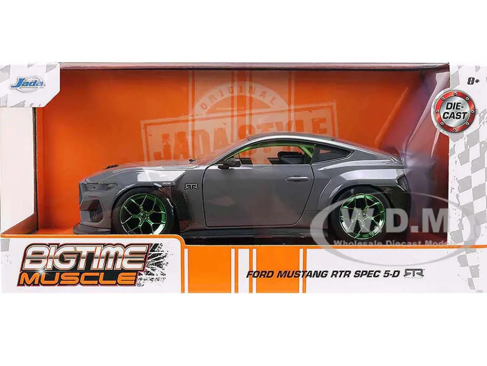 2024 Ford Mustang RTR Gray with Green Wheels "Bigtime Muscle" Series 1/24 Diecast Model Car by Jada