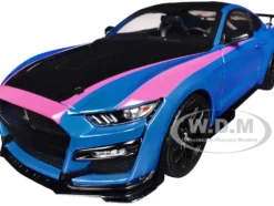 Ford Mustang Shelby GT500 Blue Metallic with Pink Stripes and Black Hood and Top 