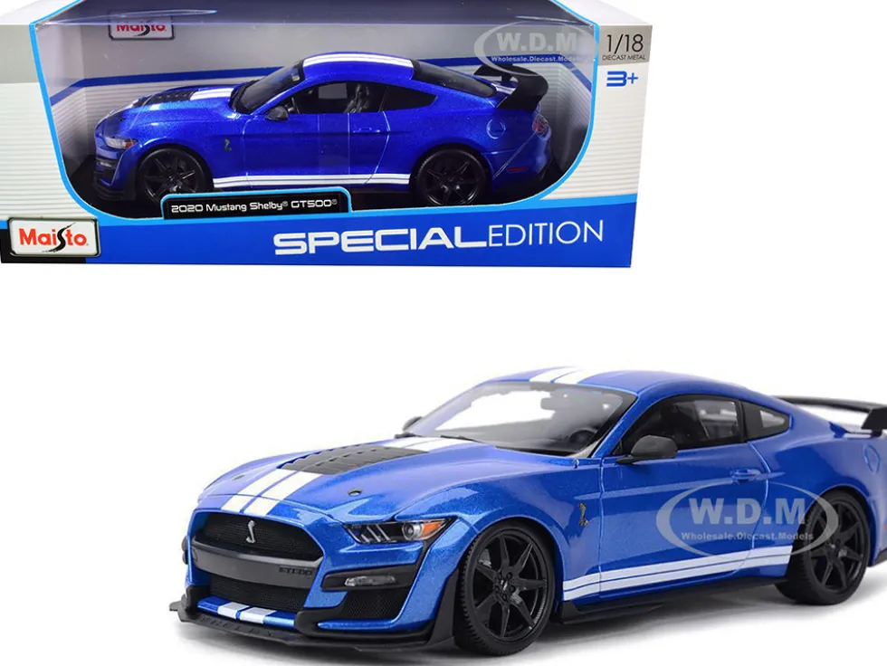 2020 Ford Mustang Shelby GT500 Blue Metallic White Stripes Special Edition 1/18 Diecast Model Car Maisto 31388