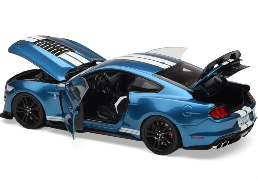 2022 Ford Mustang Shelby GT500 Blue Metallic with White Stripes 1/18 Diecast Model Car by IXO Models