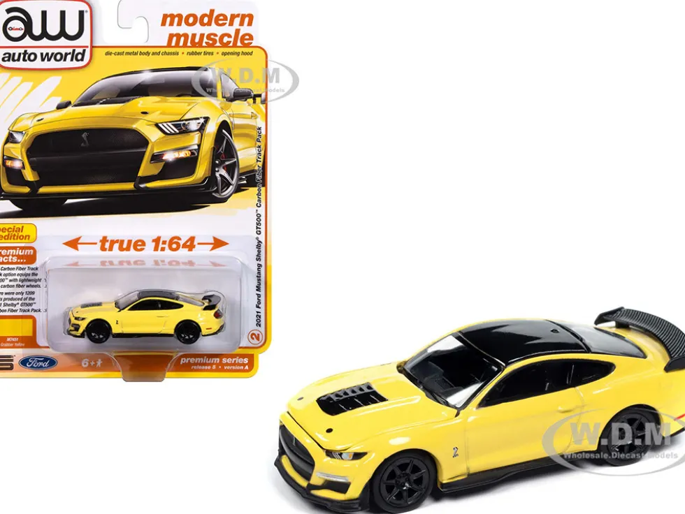 2021 Ford Mustang Shelby GT500 Carbon Fiber Track Pack Grabber Yellow with Black Top "Modern Muscle" Series 1/64 Diecast Model Car by Auto World