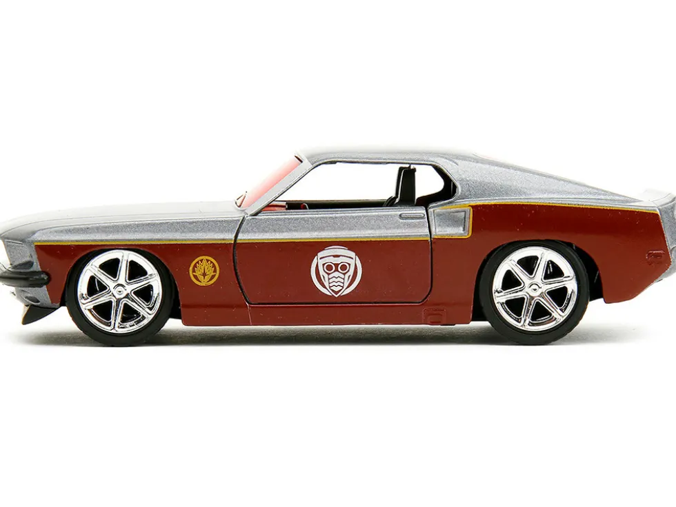 1969 Ford Mustang Silver Metallic and Dark Red and Star Lord Diecast Figure Marvel Guardians of the Galaxy Hollywood Rides Series 1/32 Diecast Model Car Jada 33077