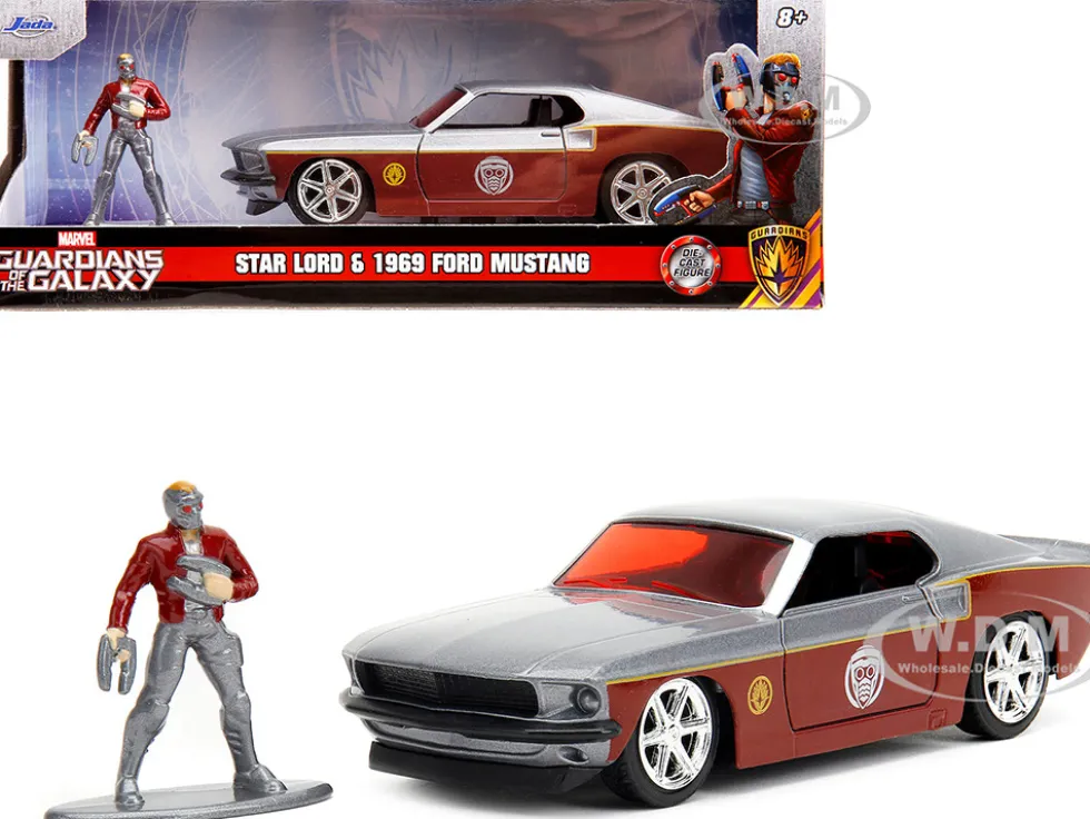 1969 Ford Mustang Silver Metallic and Dark Red and Star Lord Diecast Figure Marvel Guardians of the Galaxy Hollywood Rides Series 1/32 Diecast Model Car Jada 33077