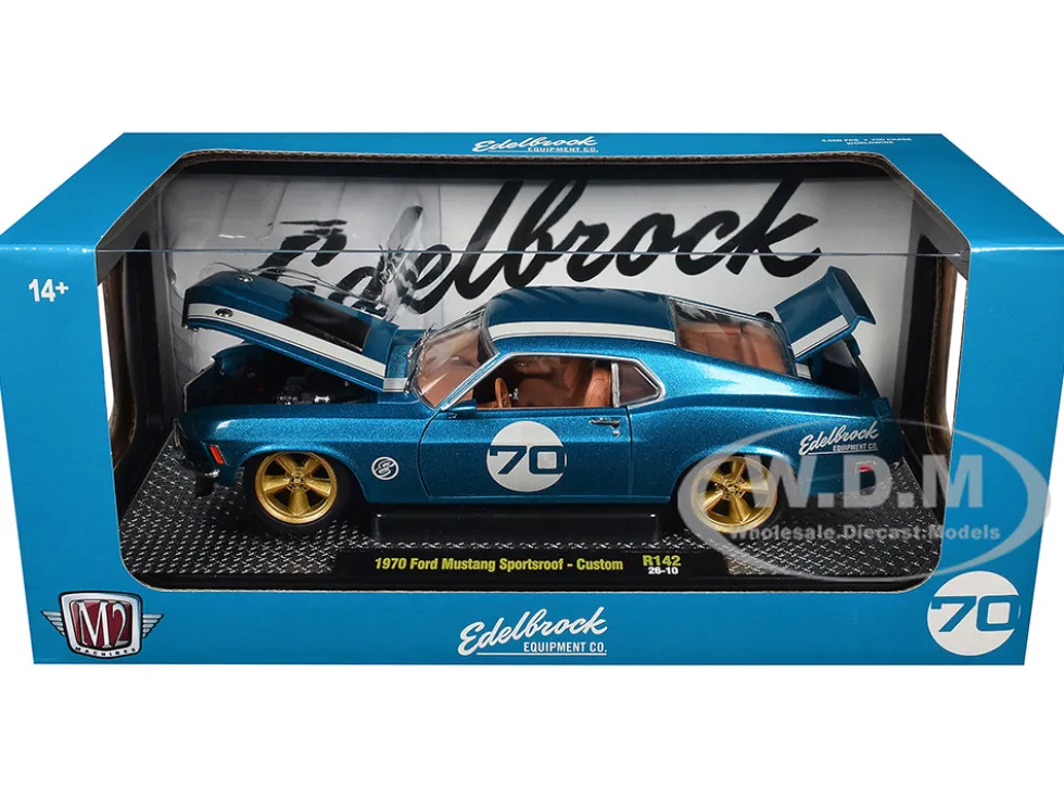 1970 Ford Mustang Sportsroof #70 Blue Metallic with White Stripes Limited Edition to 4050 pieces Worldwide 1/24 Diecast Model Car by M2 Machines