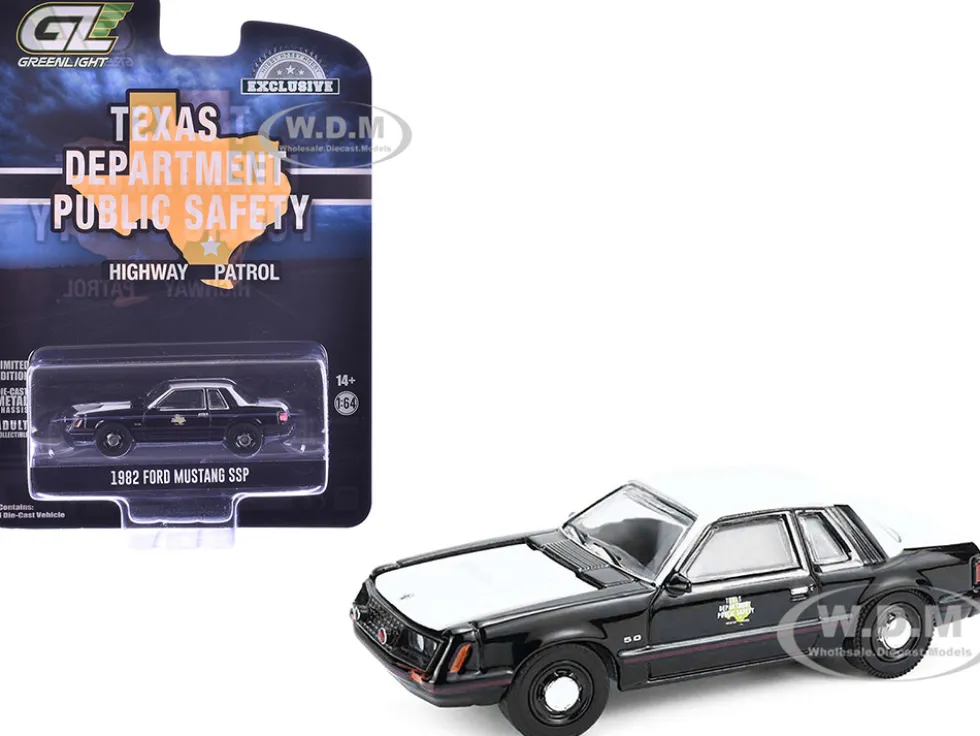 1982 Ford Mustang SSP "Texas Department of Public Safety Highway Patrol" Black with White Hood and Top "Hobby Exclusive" Series 1/64 Diecast Model Car by Greenlight