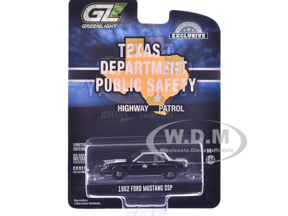 1982 Ford Mustang SSP "Texas Department of Public Safety Highway Patrol" Black with White Hood and Top "Hobby Exclusive" Series 1/64 Diecast Model Car by Greenlight
