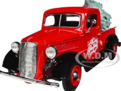 1937 Ford Pickup Truck Red and Black Merry Christmas with Tree Accessory 1/24 Diecast Model Car Motormax 73233RBIXMT