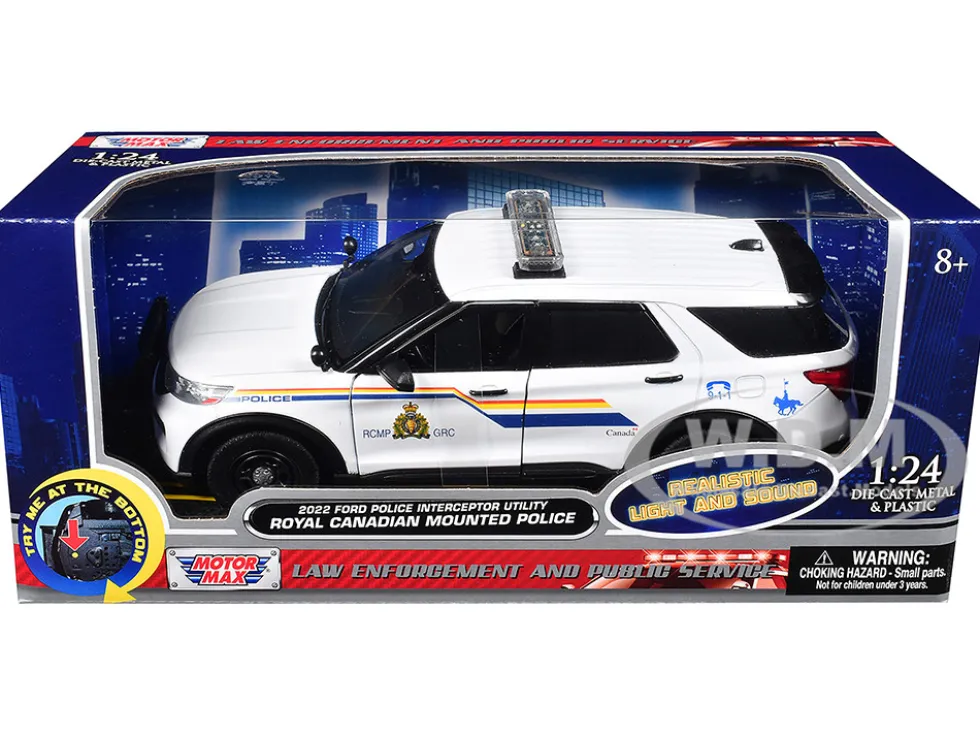 2022 Ford Police Interceptor Utility White "Royal Canadian Mounted Police (RCMP)" with Flashing Light Bar and Front and Rear Lights and Sounds 1/24 Diecast Model Car by Motormax