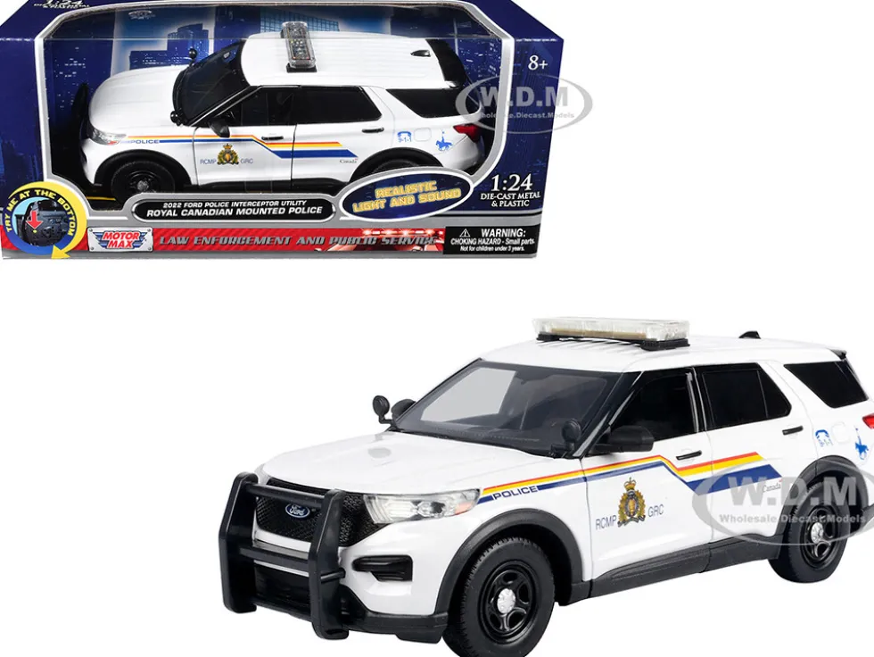 2022 Ford Police Interceptor Utility White "Royal Canadian Mounted Police (RCMP)" with Flashing Light Bar and Front and Rear Lights and Sounds 1/24 Diecast Model Car by Motormax