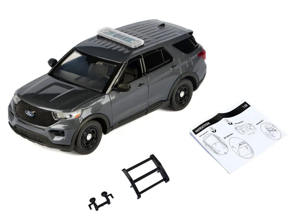 2022 Ford Police Interceptor Utility Dark Gray Metallic "Builder's Kit" with Flashing Light Bar and Front and Rear Lights and Sounds 1/24 Diecast Model Car by Motormax