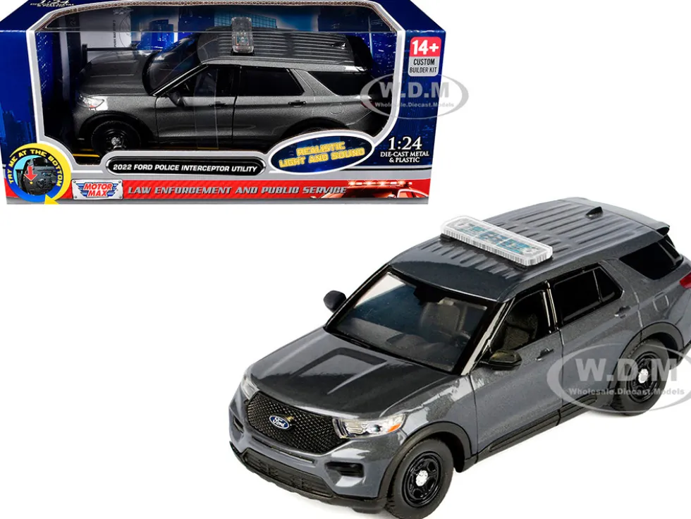2022 Ford Police Interceptor Utility Dark Gray Metallic "Builder's Kit" with Flashing Light Bar and Front and Rear Lights and Sounds 1/24 Diecast Model Car by Motormax
