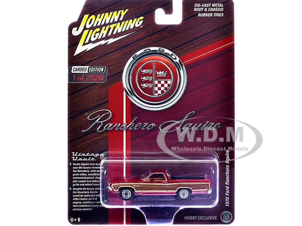 1970 Ford Ranchero Squire Red with Woodgrain Sides "Hobby Exclusive" Series Limited Edition to 2520 pieces Worldwide 1/64 Diecast Model Car by Johnny Lightning