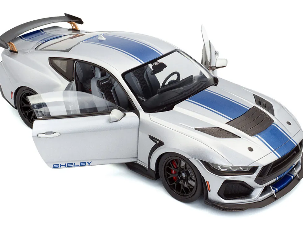 2024 Ford Shelby Mustang Super Snake Gray Metallic with Blue Stripes 1/18 Diecast Model Car by Solido