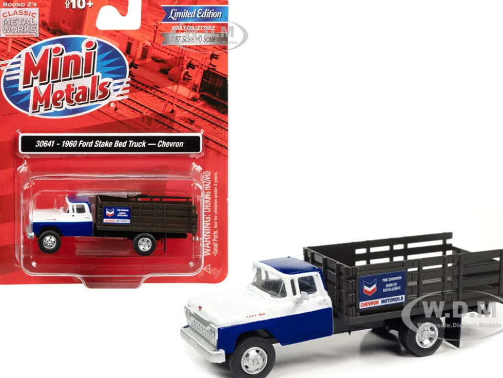 1960 Ford Stake Bed Truck Chevron Blue White 1/87 HO Scale Model Car Classic Metal Works 30641