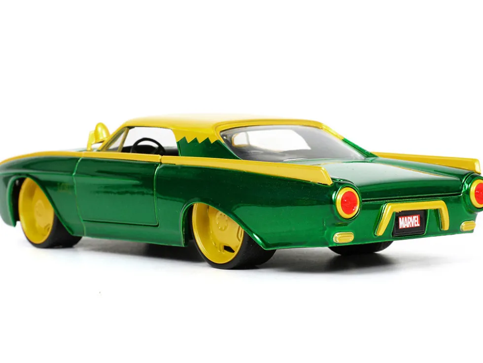 1963 Ford Thunderbird Green Yellow Metallic Hood Graphics Loki Diecast Figure Loki Marvel Series 1/24 Diecast Model Car Jada 33357