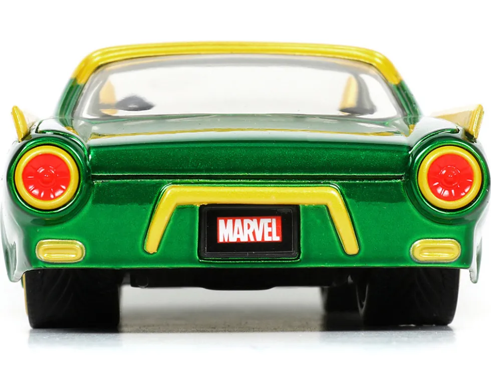 1963 Ford Thunderbird Green Yellow Metallic Hood Graphics Loki Diecast Figure Loki Marvel Series 1/24 Diecast Model Car Jada 33357