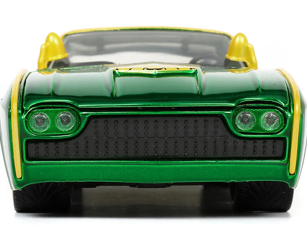 1963 Ford Thunderbird Green Yellow Metallic Hood Graphics Loki Diecast Figure Loki Marvel Series 1/24 Diecast Model Car Jada 33357