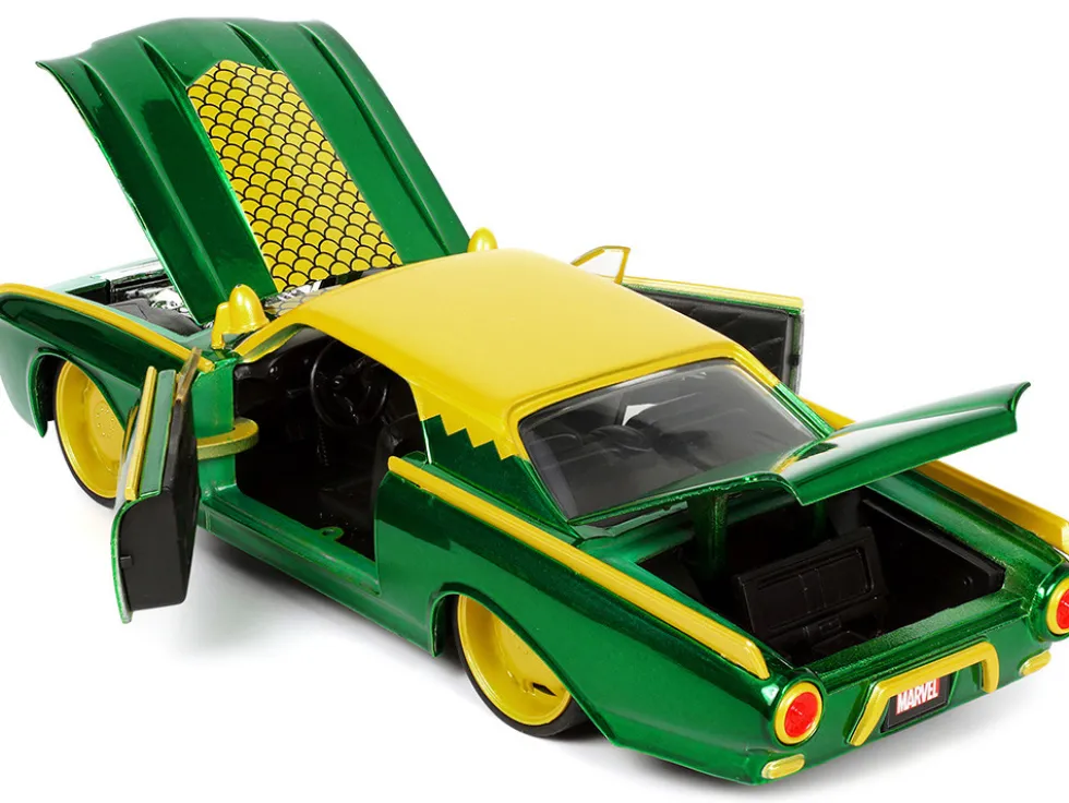 1963 Ford Thunderbird Green Yellow Metallic Hood Graphics Loki Diecast Figure Loki Marvel Series 1/24 Diecast Model Car Jada 33357