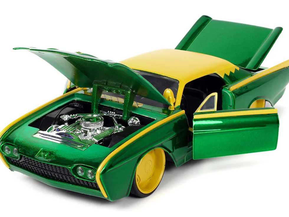 1963 Ford Thunderbird Green Yellow Metallic Hood Graphics Loki Diecast Figure Loki Marvel Series 1/24 Diecast Model Car Jada 33357