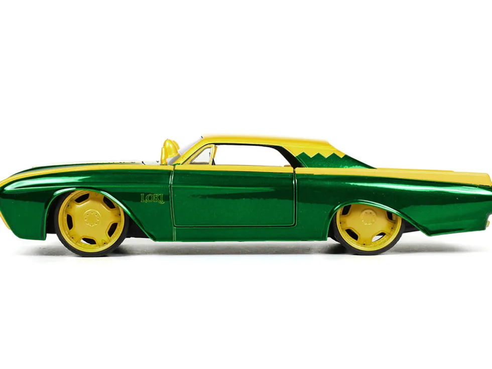 1963 Ford Thunderbird Green Yellow Metallic Hood Graphics Loki Diecast Figure Loki Marvel Series 1/24 Diecast Model Car Jada 33357