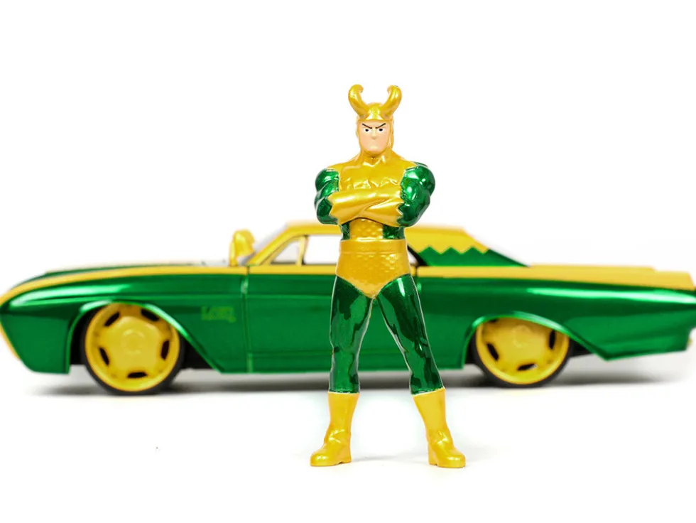 1963 Ford Thunderbird Green Yellow Metallic Hood Graphics Loki Diecast Figure Loki Marvel Series 1/24 Diecast Model Car Jada 33357