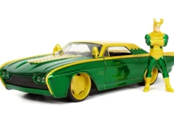 1963 Ford Thunderbird Green Yellow Metallic Hood Graphics Loki Diecast Figure Loki Marvel Series 1/24 Diecast Model Car Jada 33357