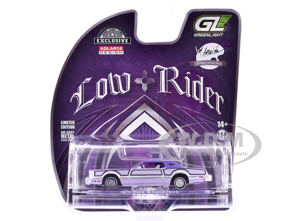 1973 Ford Thunderbird Lowrider "Michael Heralda Special Edition" Purple Metallic with Graphics and White Interior "Hobby Exclusive" Series 1/64 Diecast Model Car by Greenlight