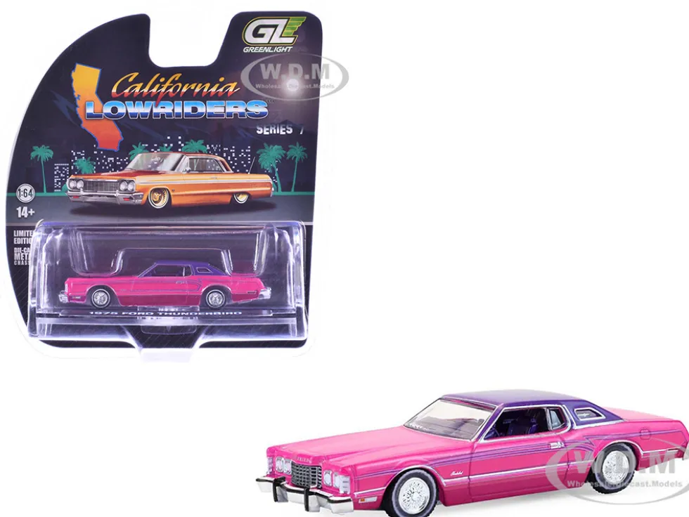 1975 Ford Thunderbird Lowrider Pink Metallic with Purple Top and Graphics with Purple Interior "California Lowriders" Series 7 1/64 Diecast Model Car by Greenlight
