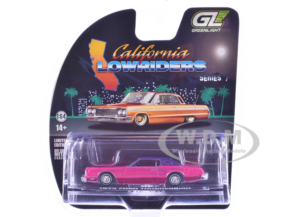 1975 Ford Thunderbird Lowrider Pink Metallic with Purple Top and Graphics with Purple Interior "California Lowriders" Series 7 1/64 Diecast Model Car by Greenlight